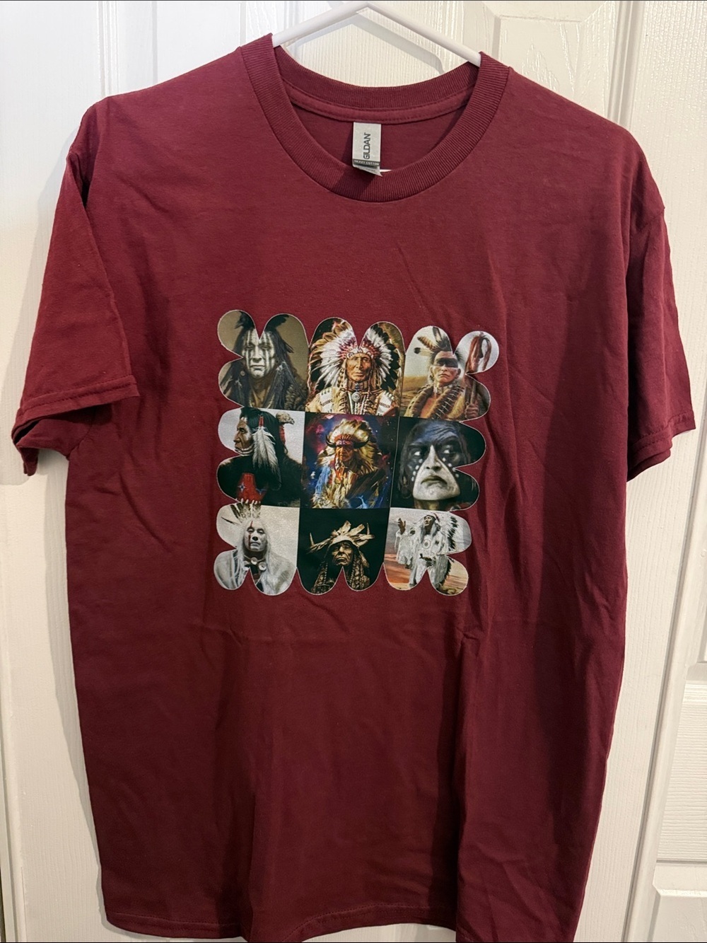 Gildan Maroon Short-Sleeve Tee with Native Portrait Collage